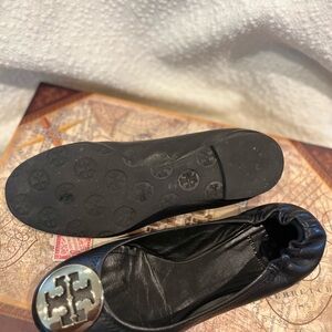 Tory Burch Black Flats with Gold Logo